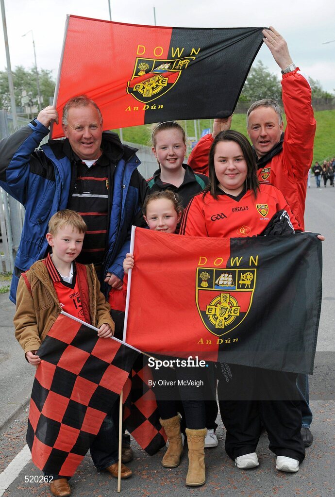 28 May 2011; The Thompson family from Kilkeel, Co. Down, back row, left to right, Terry, Sarah, and Brian, front row, left to right, Michael, Niamh and Hanna. Ulster GAA Football Senior Championship Quarter-Final, Armagh v Down, Morgan Athletic Grounds, Armagh. Picture credit: Oliver McVeigh / SPORTSFILE