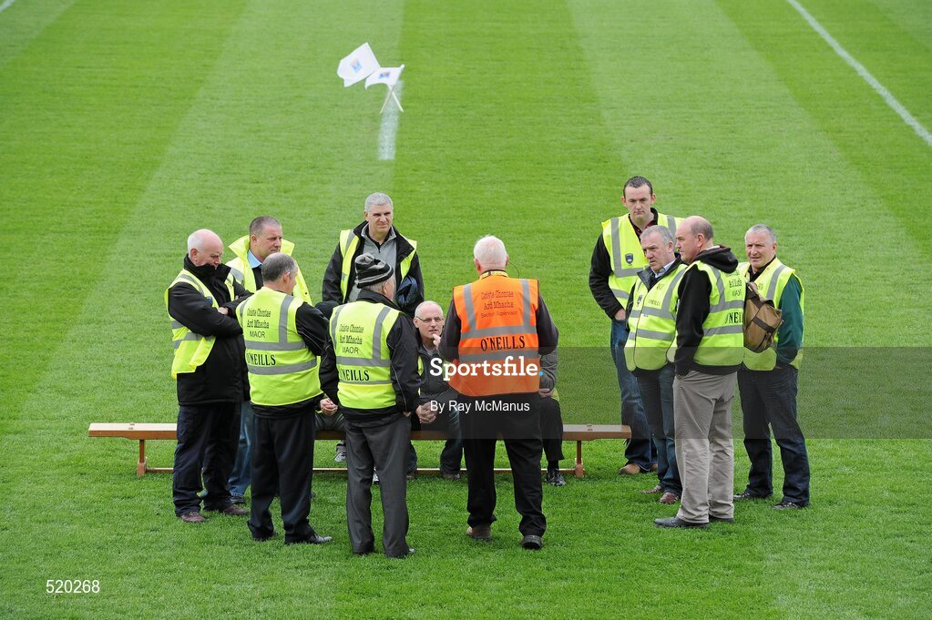 28 May 2011; Staff listen to Head Field Steward Sean McClatchey before taking up their posts. Ulster GAA Football Senior Championship Quarter-Final, Armagh v Down, Morgan Athletic Grounds, Armagh. Picture credit: Ray McManus / SPORTSFILE