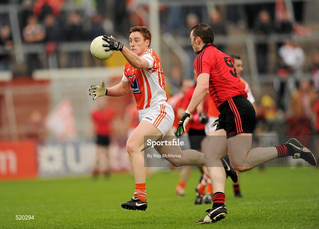 28 May 2011; Charlie Vernon, Armagh, in action against Kalum King, Down. Ulster GAA Football Senior Championship Quarter-Final, Armagh v Down, Morgan Athletic Grounds, Armagh. Picture credit: Ray McManus / SPORTSFILE