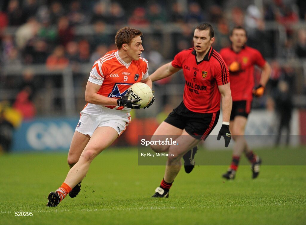 28 May 2011; Charlie Vernon, Armagh, in action against Kalum King, Down. Ulster GAA Football Senior Championship Quarter-Final, Armagh v Down, Morgan Athletic Grounds, Armagh. Picture credit: Ray McManus / SPORTSFILE