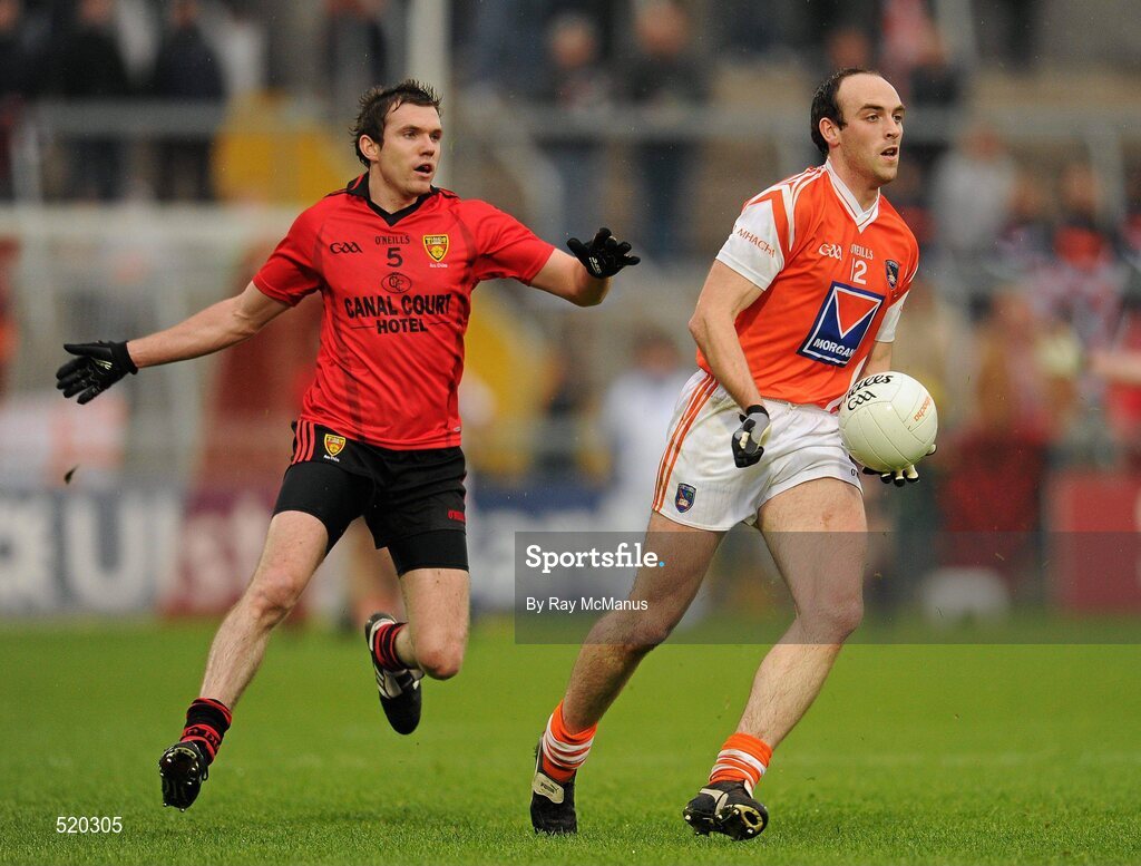 28 May 2011; Malachy Macklin, Armagh, in action against Declan Rooney, Down. Ulster GAA Football Senior Championship Quarter-Final, Armagh v Down, Morgan Athletic Grounds, Armagh. Picture credit: Ray McManus / SPORTSFILE