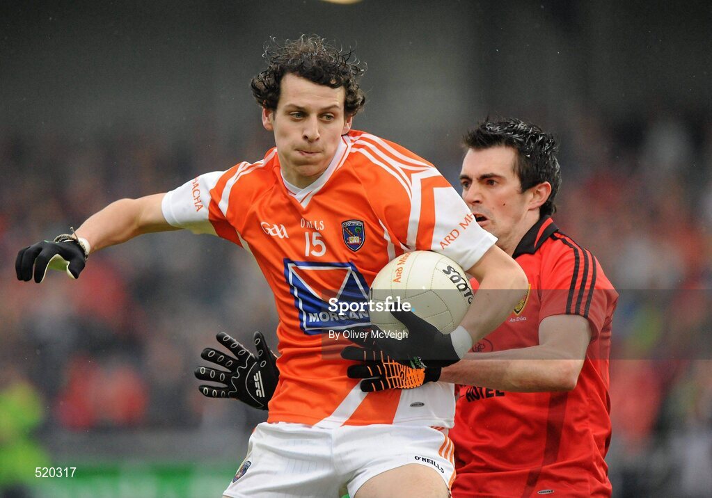 28 May 2011; Jamie Clarke, Armagh, in action against Gerard McCartan, Down. Ulster GAA Football Senior Championship Quarter-Final, Armagh v Down, Morgan Athletic Grounds, Armagh. Picture credit: Oliver McVeigh / SPORTSFILE