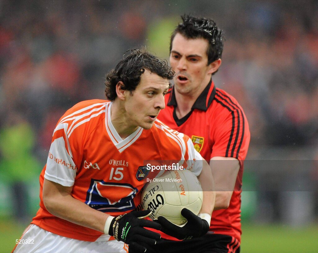 28 May 2011; Jamie Clarke, Armagh, in action against Gerard McCartan, Down. Ulster GAA Football Senior Championship Quarter-Final, Armagh v Down, Morgan Athletic Grounds, Armagh. Picture credit: Oliver McVeigh / SPORTSFILE