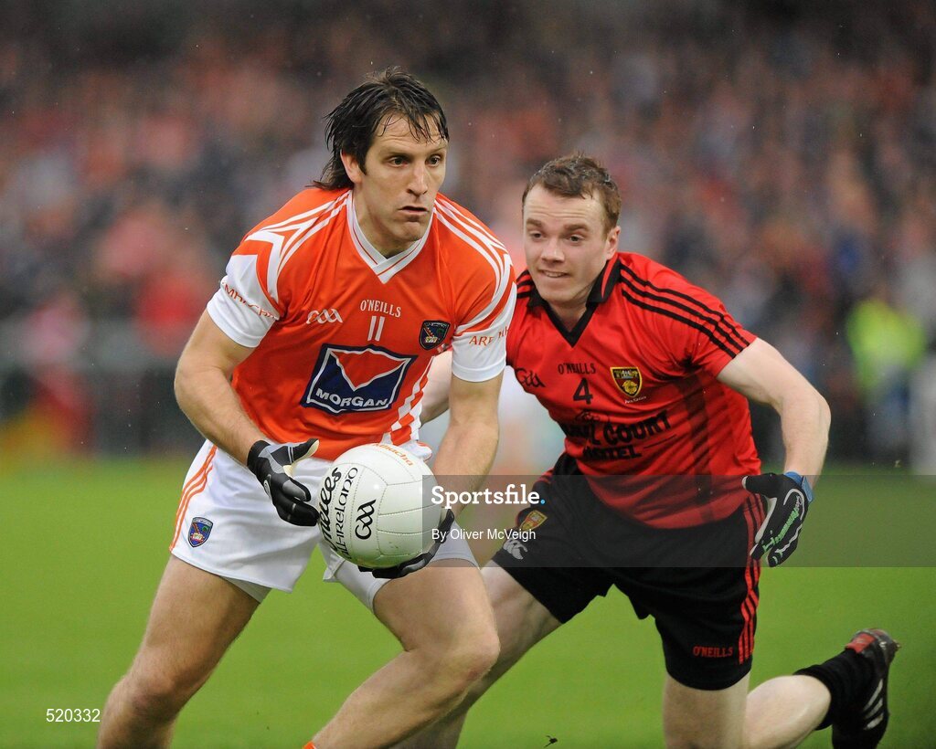 28 May 2011; Billie Joe Padden, Armagh, in action against Brendan McArdle, Down. Ulster GAA Football Senior Championship Quarter-Final, Armagh v Down, Morgan Athletic Grounds, Armagh. Picture credit: Oliver McVeigh / SPORTSFILE