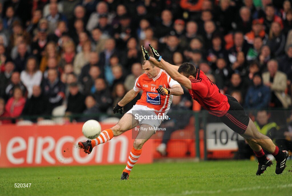 28 May 2011; Steven McDonnell, Armagh, in action against Dan Gordon, Down. Ulster GAA Football Senior Championship Quarter-Final, Armagh v Down, Morgan Athletic Grounds, Armagh. Picture credit: Ray McManus / SPORTSFILE
