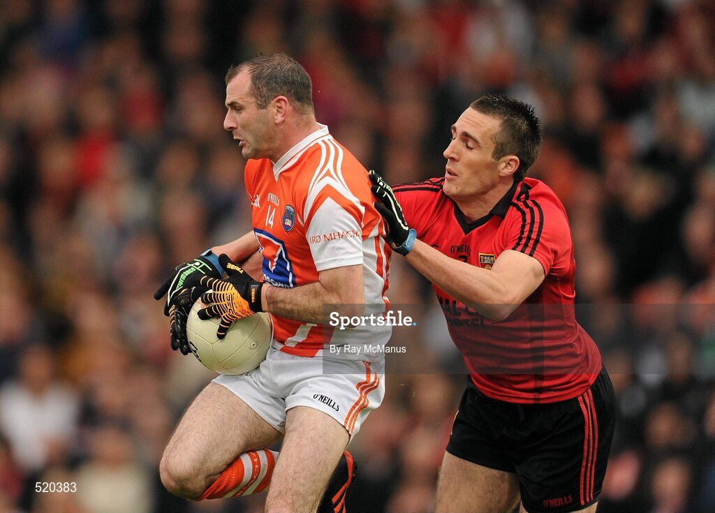 28 May 2011; Steven McDonnell, Armagh, in action against Dan Gordon, Down. Ulster GAA Football Senior Championship Quarter-Final, Armagh v Down, Morgan Athletic Grounds, Armagh. Picture credit: Ray McManus / SPORTSFILE