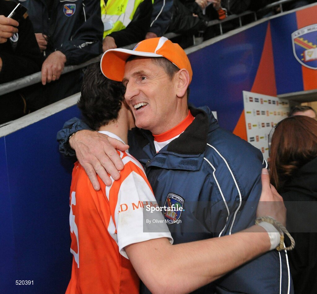 28 May 2011; Armagh manager Paddy O'Rourke congratulates goal scorer Jamie Clarke after the game. Ulster GAA Football Senior Championship Quarter-Final, Armagh v Down, Morgan Athletic Grounds, Armagh. Picture credit: Oliver McVeigh / SPORTSFILE