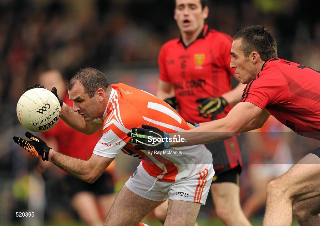 28 May 2011; Steven McDonnell, Armagh, in action against Dan Gordon, Down. Ulster GAA Football Senior Championship Quarter-Final, Armagh v Down, Morgan Athletic Grounds, Armagh. Picture credit: Ray McManus / SPORTSFILE