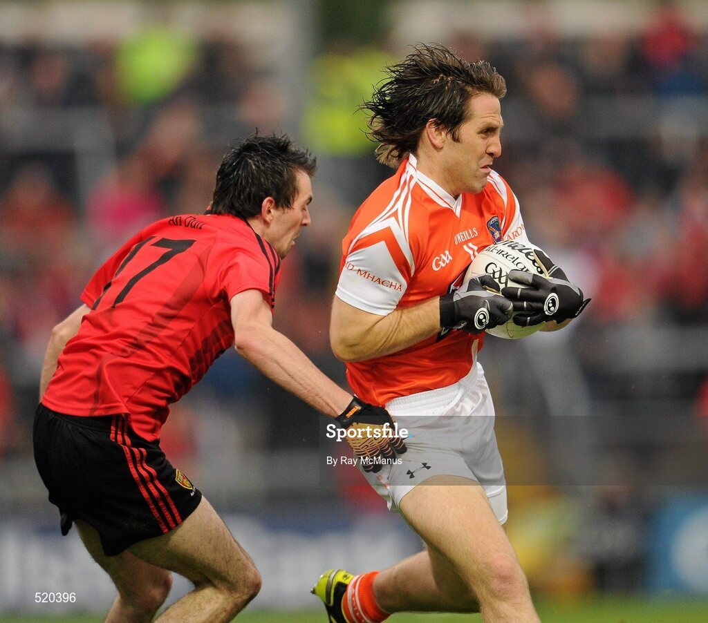 28 May 2011; Billy Joe Padden, Armagh, in action against Gerard McCartan, Down. Ulster GAA Football Senior Championship Quarter-Final, Armagh v Down, Morgan Athletic Grounds, Armagh. Picture credit: Ray McManus / SPORTSFILE