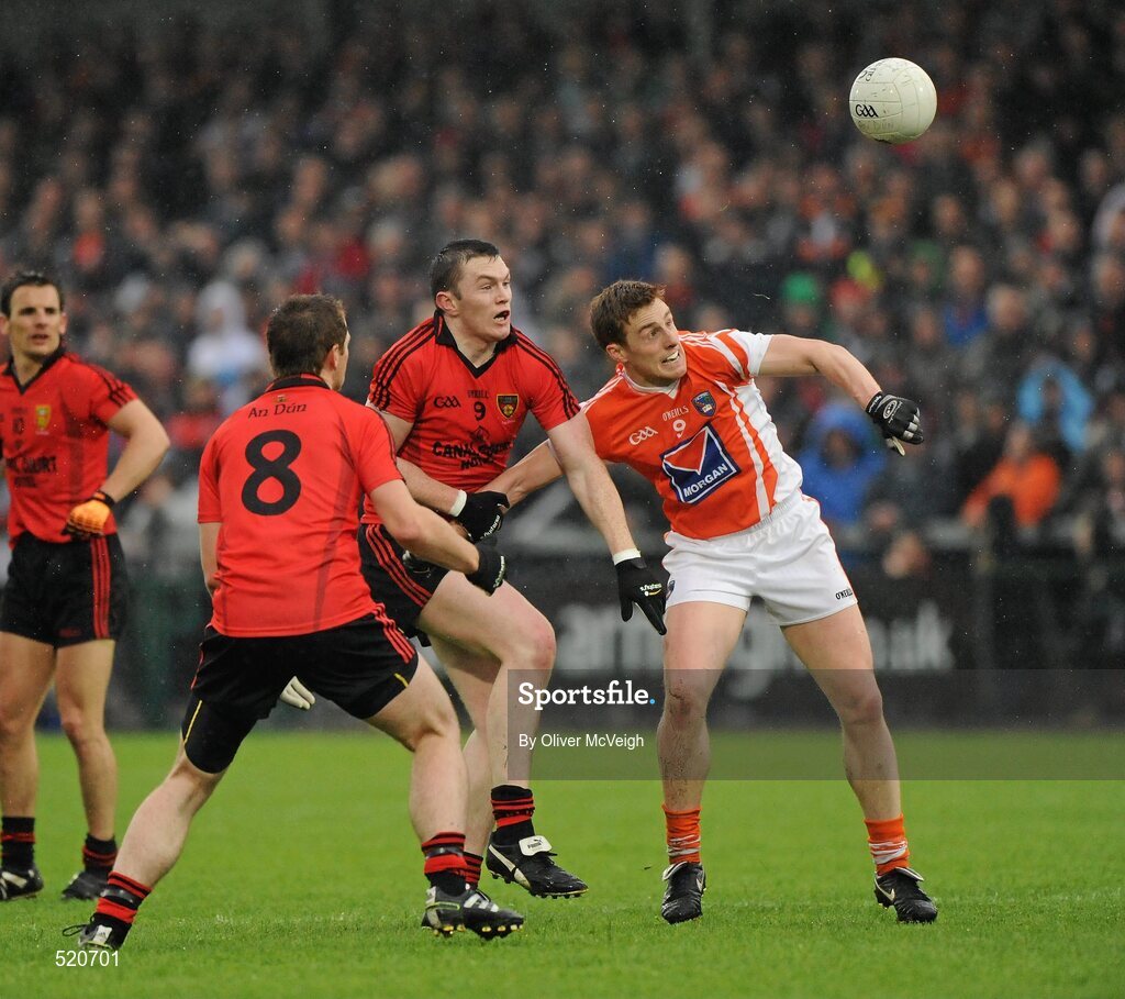 28 May 2011; Charlie Vernon, Armagh, in action against Kalum King, Down. Ulster GAA Football Senior Championship Quarter-Final, Armagh v Down, Morgan Athletic Grounds, Armagh. Picture credit: Oliver McVeigh / SPORTSFILE