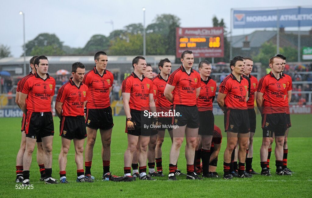 28 May 2011; The Down team stand for the National Anthem. Ulster GAA Football Senior Championship Quarter-Final, Armagh v Down, Morgan Athletic Grounds, Armagh. Picture credit: Oliver McVeigh / SPORTSFILE