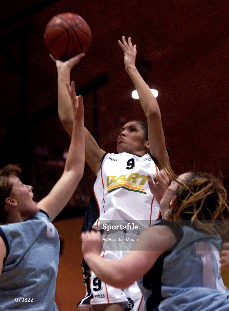 25 January 2002; Carmel Kissane of Dart Killester in action against Lynda Tormey of Mercy Coolock during the ESB Women's National Cup semi-final between Mercy Coolock and Dart Killester at the ESB Arena in Tallaght, Dublin. Photo by Brendan Moran/Sportsfile
