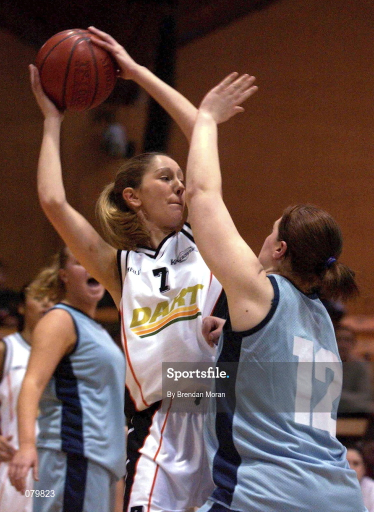 25 January 2002; Carmel Kissane of Dart Killester in action against Lynda Tormey of Mercy Coolock during the ESB Women's National Cup semi-final between Mercy Coolock and Dart Killester at the ESB Arena in Tallaght, Dublin. Photo by Brendan Moran/Sportsfile