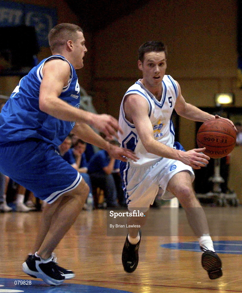 25 January 2002; Adrian Fulton of SX3 Star in action against Mike Keohane of Waterford Crystal during the ESB Men's National Cup semi-final between Waterford Crystal and SX3 Star at the ESB Arena in Tallaght, Dublin. Photo by Brian Lawless/Sportsfile