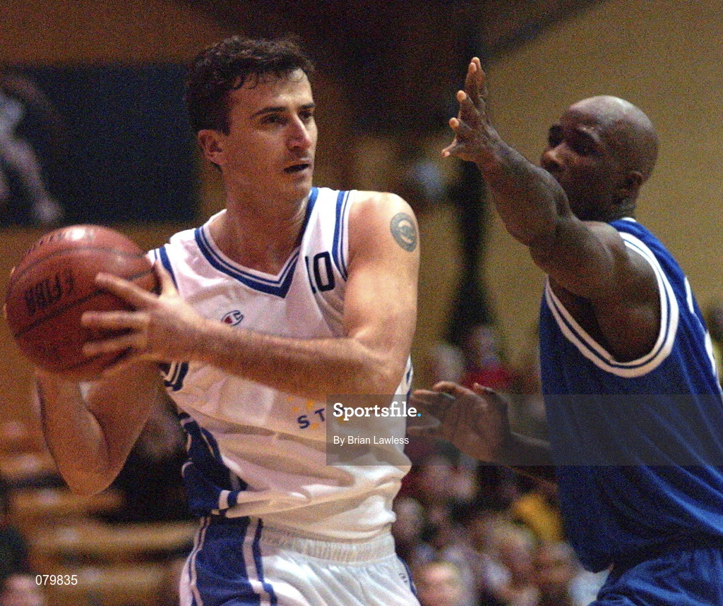 25 January 2002; Kevin Craig, 10, of SX3 Star in action against James Singleton of Waterford Crystal during the ESB Men's National Cup semi-final between Waterford Crystal and SX3 Star at the ESB Arena in Tallaght, Dublin. Photo by Brian Lawless/Sportsfile