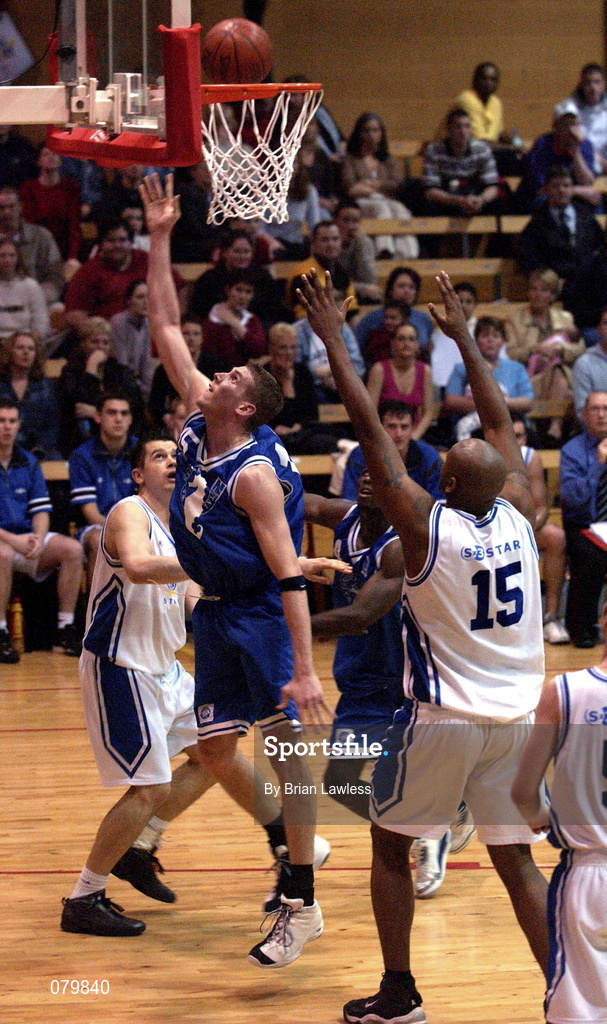 25 January 2002; Ryan Gorman of Waterford Crystal scores a basket against SX3 Star during the ESB Men's National Cup semi-final between Waterford Crystal and SX3 Star at the ESB Arena in Tallaght, Dublin. Photo by Brian Lawless/Sportsfile