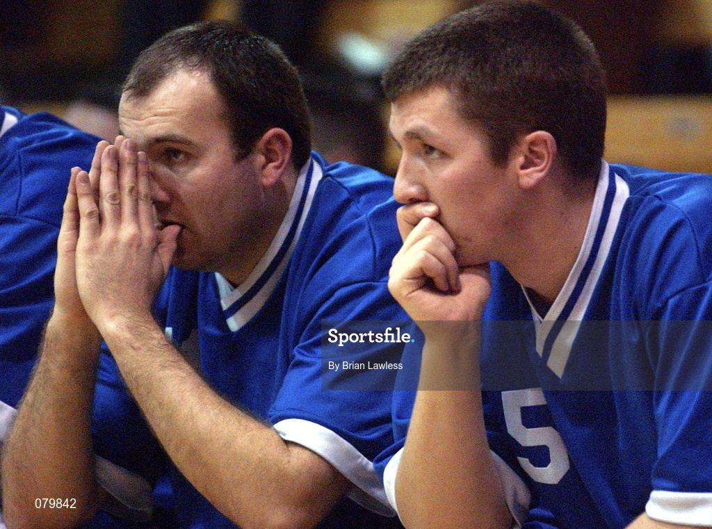 25 January 2002; Waterford Crystal players Mark Winkle, left, and Ian Palmer during the ESB Men's National Cup semi-final between Waterford Crystal and SX3 Star at the ESB Arena in Tallaght, Dublin. Photo by Brian Lawless/Sportsfile
