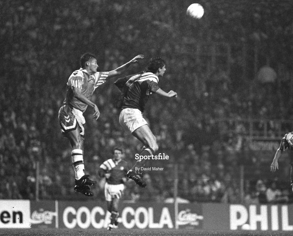 14 October 1992; Niall Quinn of Republic of Ireland in action against Denmark during the FIFA World Cup Group 3 match between Denmark and Republic of Ireland at Parken Stadium in Copenhagen, Denmark. Photo by David Maher/Sportsfile