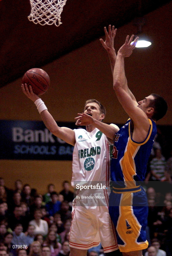 26 January 2002; Jay Larranaga of Ireland in action against Jasmin Hukic of Bosnia during the European Championship semi-final match between Ireland and Bosnia at the ESB Arena in Tallaght, Dublin. Photo by Brendan Moran/Sportsfile