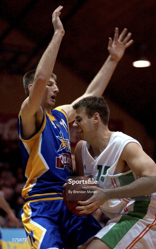 26 January 2002; Glenn Sekunda of Ireland is blocked by Barisa Krasic of Bosnia during the European Championship semi-final match between Ireland and Bosnia at the ESB Arena in Tallaght, Dublin. Photo by Brendan Moran/Sportsfile