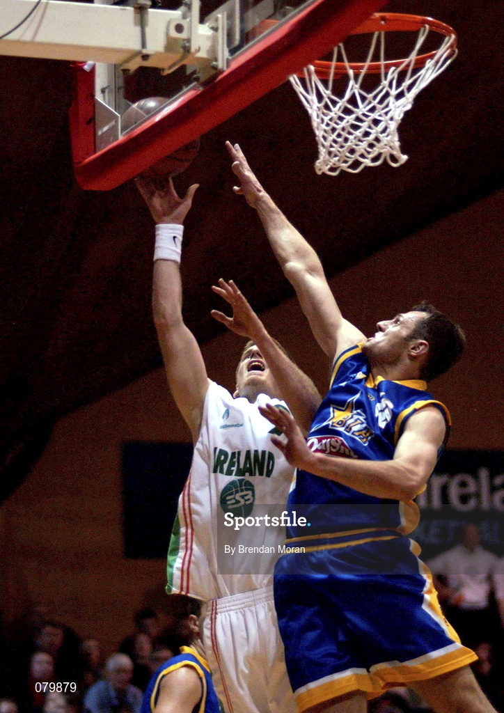 26 January 2002; Jay Larranaga of Ireland in action against Domagoj Pinjuh of Bosnia during the European Championship semi-final match between Ireland and Bosnia at the ESB Arena in Tallaght, Dublin. Photo by Brendan Moran/Sportsfile