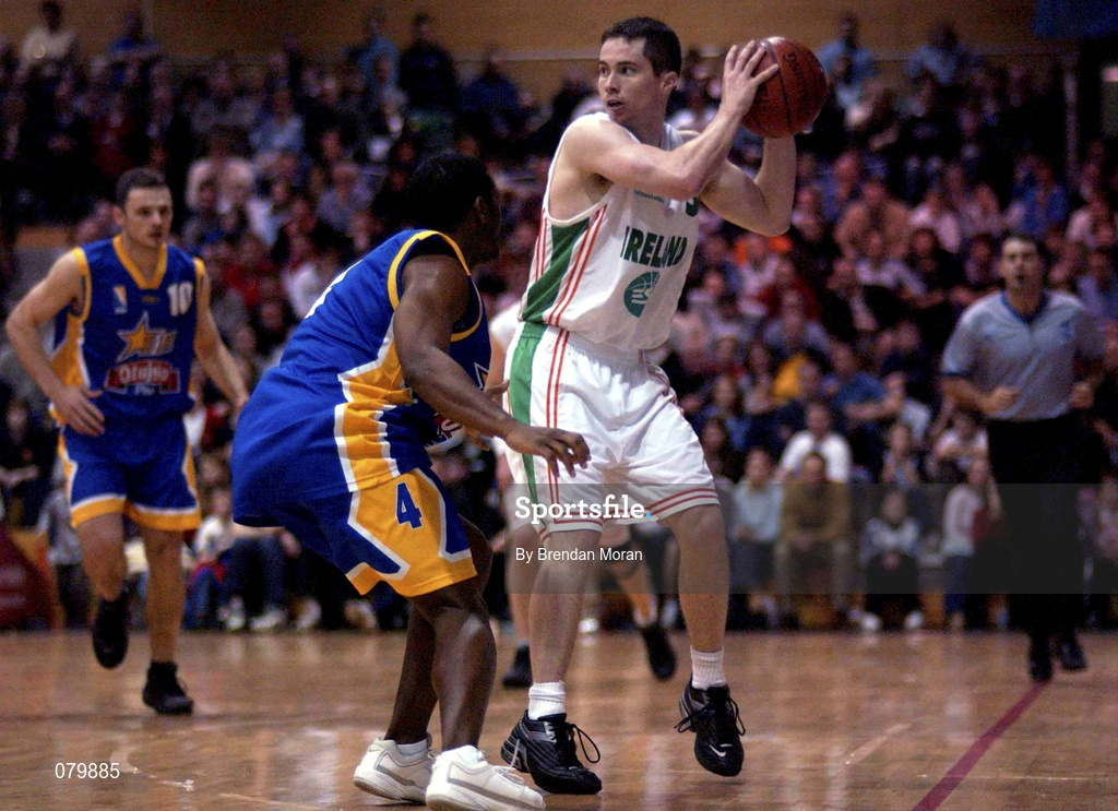 26 January 2002; Billy Donlon of Ireland in action against Terrel Ray Castle of Bosnia during the European Championship semi-final match between Ireland and Bosnia at the ESB Arena in Tallaght, Dublin. Photo by Brendan Moran/Sportsfile