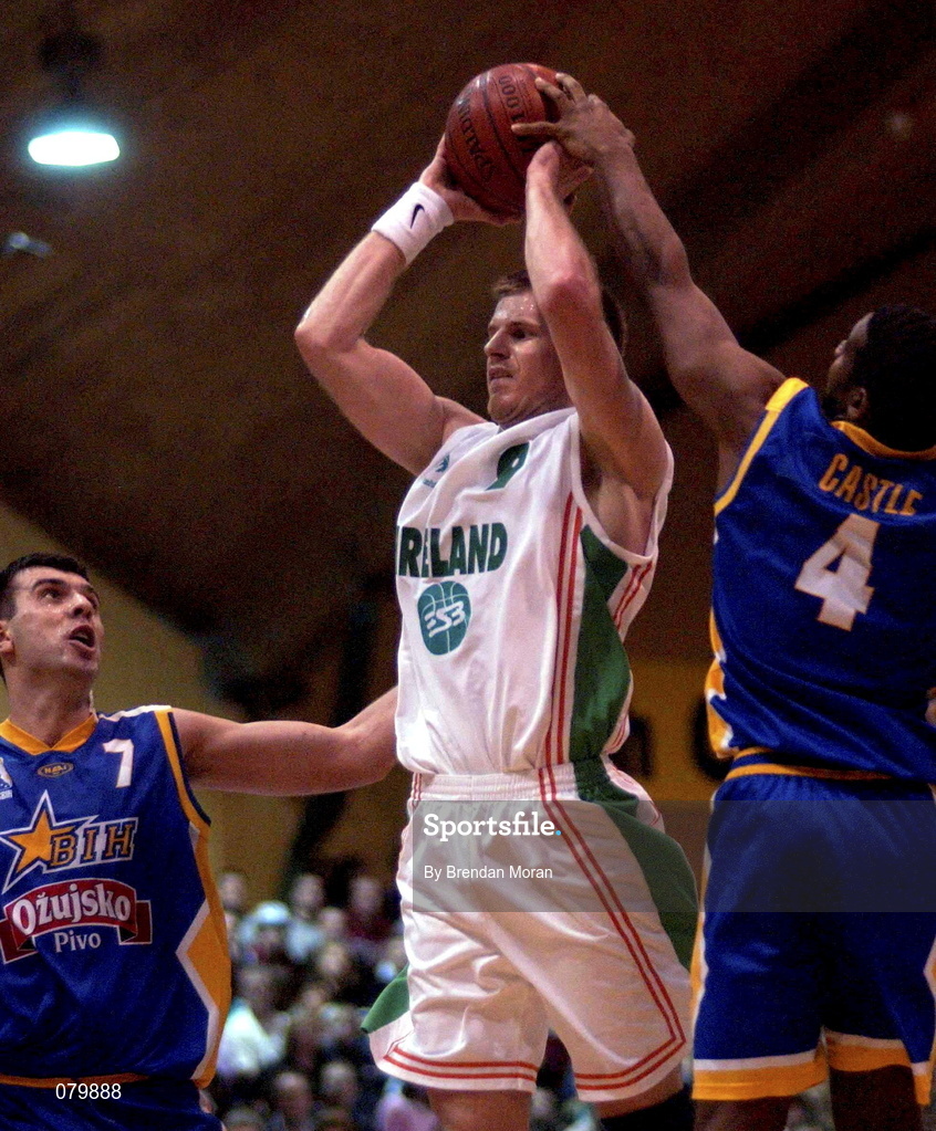 26 January 2002; Jay Larranaga of Ireland in action against Samir Leric, left, and Terrel Ray Castle of Bosnia during the European Championship semi-final match between Ireland and Bosnia at the ESB Arena in Tallaght, Dublin. Photo by Brendan Moran/Sportsfile