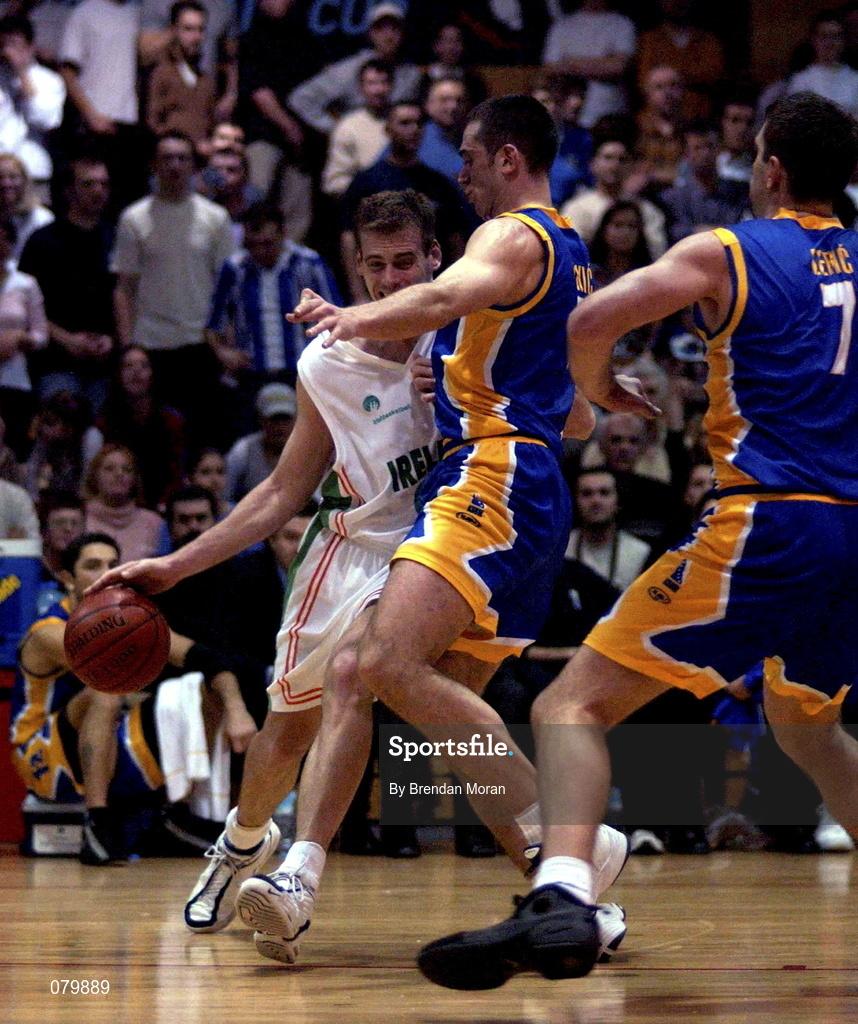 26 January 2002; Glenn Sekunda of Ireland in action against Samir Leric of Bosnia during the European Championship semi-final match between Ireland and Bosnia at the ESB Arena in Tallaght, Dublin. Photo by Brendan Moran/Sportsfile