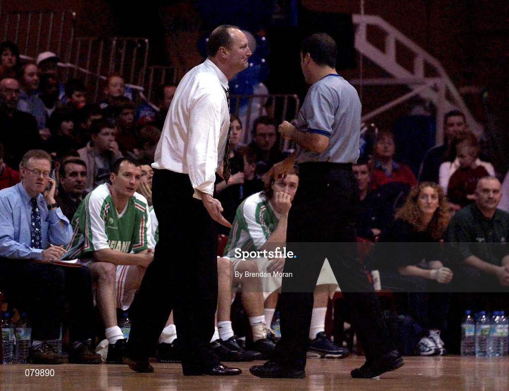 26 January 2002; Ireland head coach Bill Dooley disputes a call by the match referees during the European Championship semi-final match between Ireland and Bosnia at the ESB Arena in Tallaght, Dublin. Photo by Brendan Moran/Sportsfile