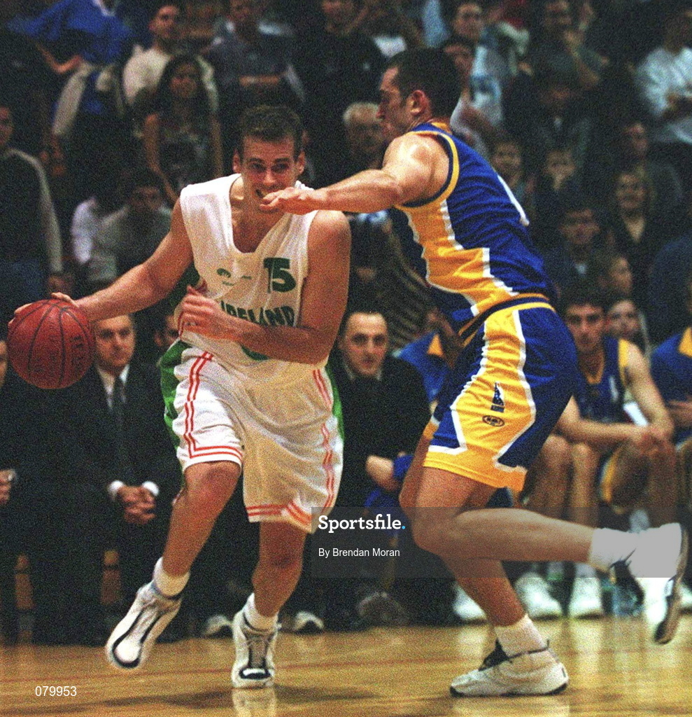 26 January 2002; Glenn Sekunda of Ireland in action aganist Samir Leric of Bosnia during the European Championship semi-final match between Ireland and Bosnia at the ESB Arena in Tallaght, Dublin. Photo by Brendan Moran/Sportsfile