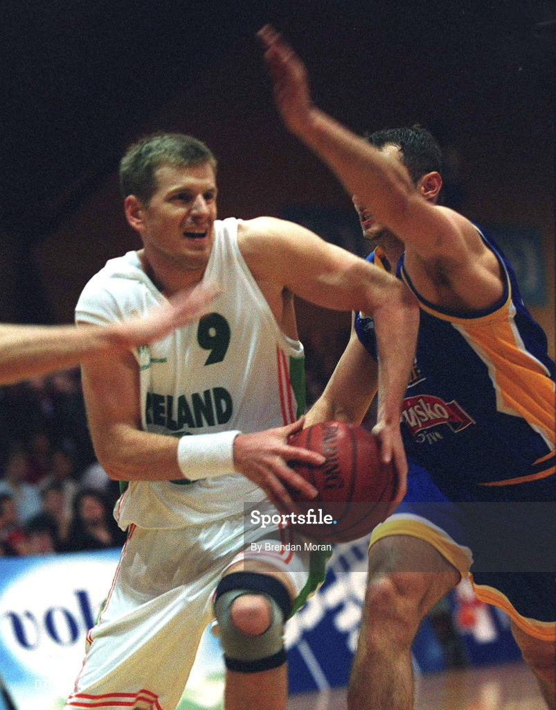 26 January 2002; Jay Larranaga of Ireland in action against Domagoj Pinjuh of Bosnia during the European Championship semi-final match between Ireland and Bosnia at the ESB Arena in Tallaght, Dublin. Photo by Brendan Moran/Sportsfile