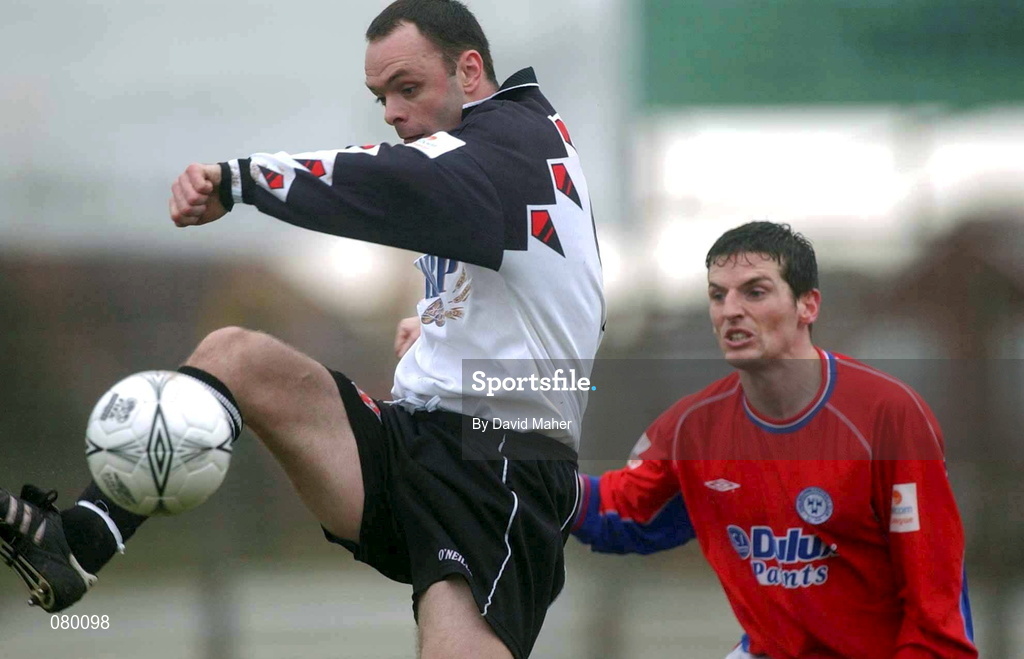 27 January 2002; Gary Haylock of Dundalk in action against Jim Crawford of Shelbourne during the eircom League Premier Division match between Dundalk and Shelbourne at Oriel Park in Dundalk. Photo by David Maher/Sportsfile