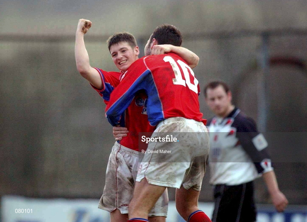 27 January 2002; Wesley Houlihan of Shelbourne, right, celebrates with team-mate Peter Hutton after scoring his sides first goal during the eircom League Premier Division match between Dundalk and Shelbourne at Oriel Park in Dundalk. Photo by David Maher/Sportsfile