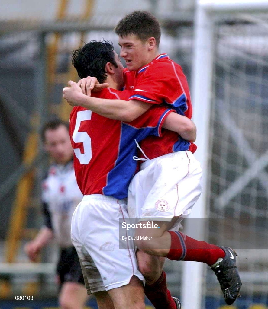 27 January 2002; Wesley Houlihan of Shelbourne, right, celebrates with team-mate Peter Hutton after scoring his sides first goal during the eircom League Premier Division match between Dundalk and Shelbourne at Oriel Park in Dundalk. Photo by David Maher/Sportsfile