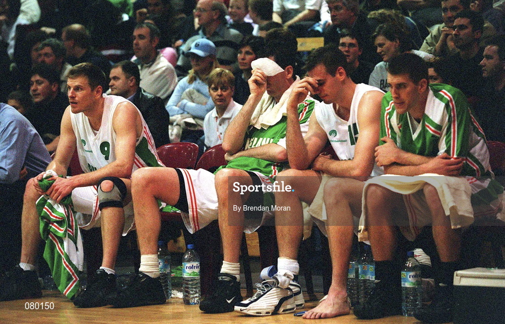 26 January 2002; Ireland players during the European Championship semi-final match between Ireland and Bosnia at the ESB Arena in Tallaght, Dublin. Photo by Brendan Moran/Sportsfile