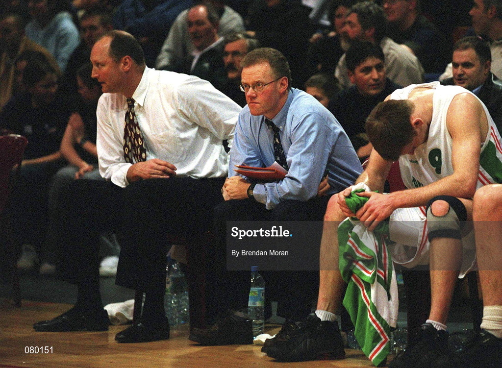 26 January 2002; Ireland players and management during the European Championship semi-final match between Ireland and Bosnia at the ESB Arena in Tallaght, Dublin. Photo by Brendan Moran/Sportsfile