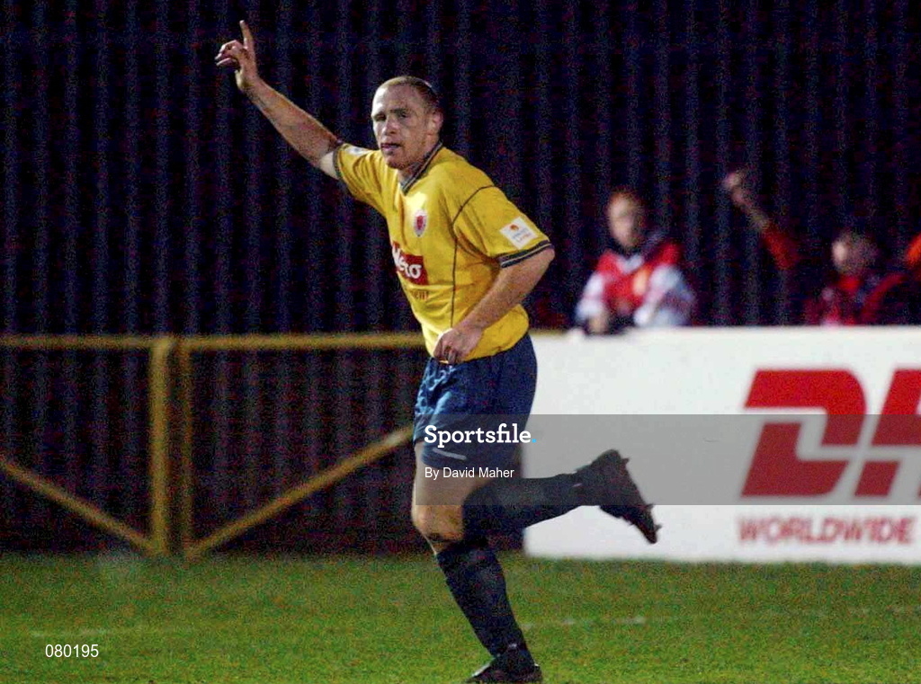 29 January 2002; Glen Crowe of Bohemians celebrates after scoring his sides goa during the Eircom League Cup quarter final match between St Patrick's Athletic and Bohemians at Richmond Park in Dublin. Photo by David Maher/Sportsfile