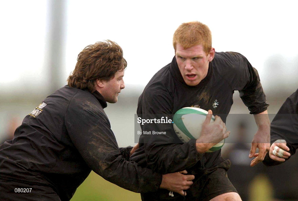 30 January 2002; Paul O'Connell is tackled by Shane Byrne during Irish Rugby Squad Training at Dr Hickey Park in Greystones, Wicklow. Photo by Matt Browne/Sportsfile