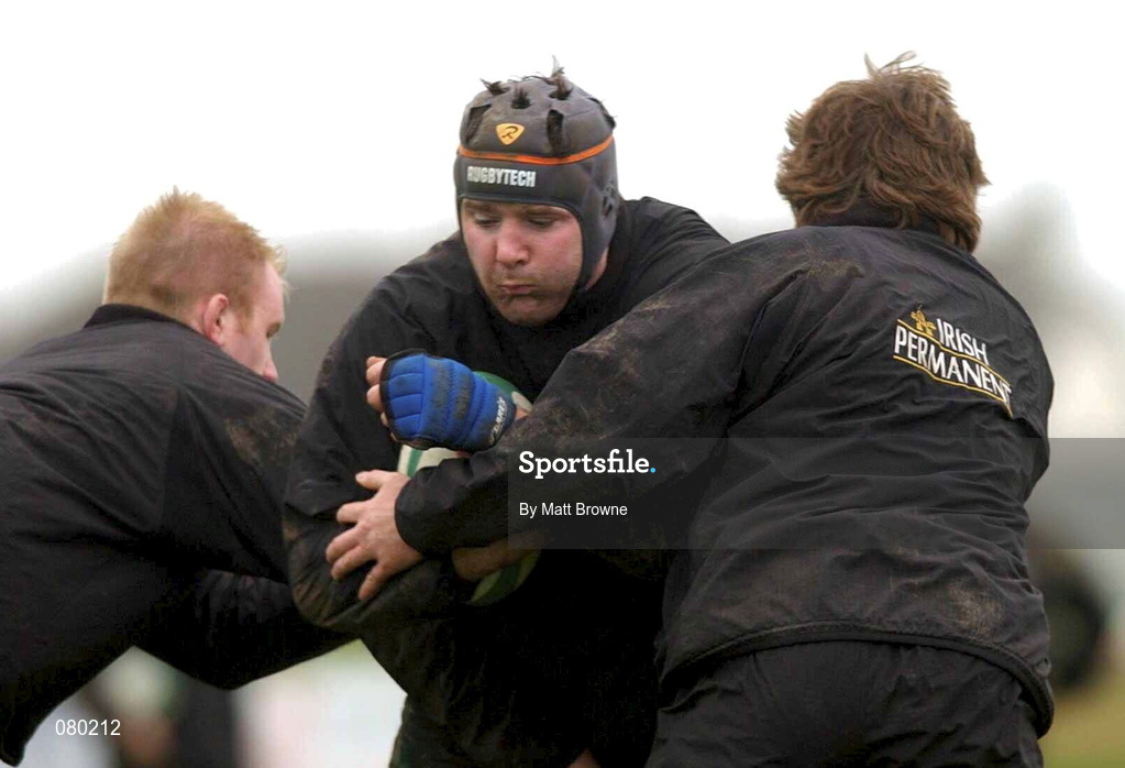 30 January 2002; Anthony Foley is tackled by Shane Byrne, right, and Paul O'Connell during Irish Rugby Squad Training at Dr Hickey Park in Greystones, Wicklow. Photo by Matt Browne/Sportsfile