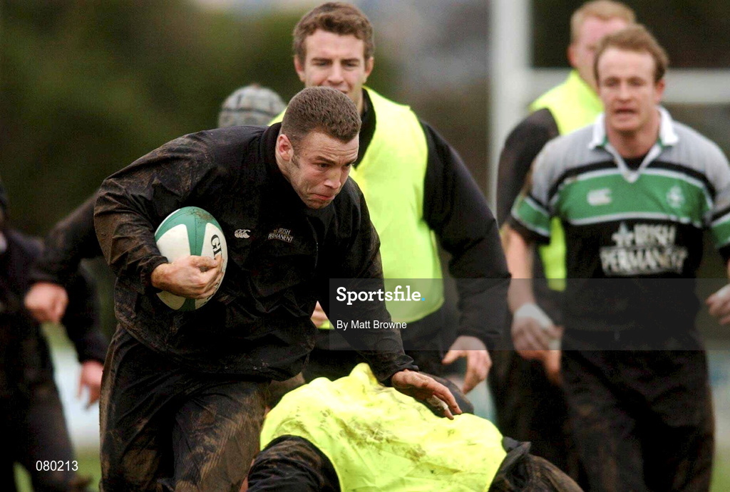 30 January 2002; Kevin Maggs goes past the tackle of Simon Easterby during Irish Rugby Squad Training at Dr Hickey Park in Greystones, Wicklow. Photo by Matt Browne/Sportsfile