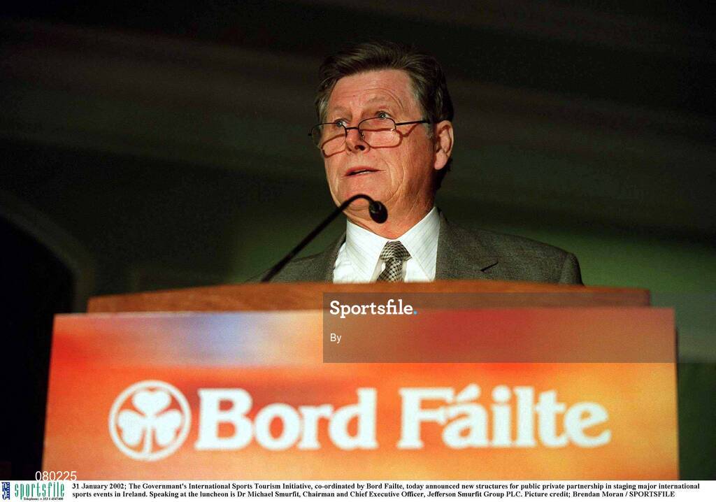 31 January 2002; The Governmant's International Sports Tourism Initiative, co-ordinated by Bord Failte, today announced new structures for public private partnership in staging major international sports events in Ireland. Speaking at the luncheon is Dr Michael Smurfit, Chairman and Chief Executive Officer, Jefferson Smurfit Group PLC. Picture credit; Brendan Moran / SPORTSFILE