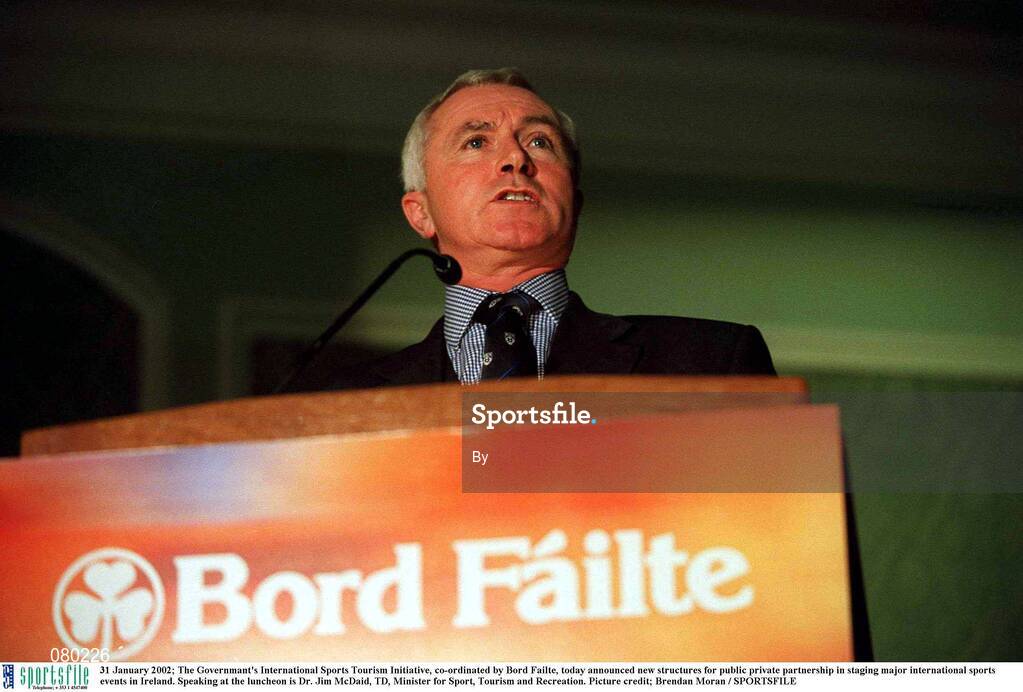 31 January 2002; The Governmant's International Sports Tourism Initiative, co-ordinated by Bord Failte, today announced new structures for public private partnership in staging major international sports events in Ireland. Speaking at the luncheon is Dr. Jim McDaid, TD, Minister for Sport, Tourism and Recreation. Picture credit; Brendan Moran / SPORTSFILE