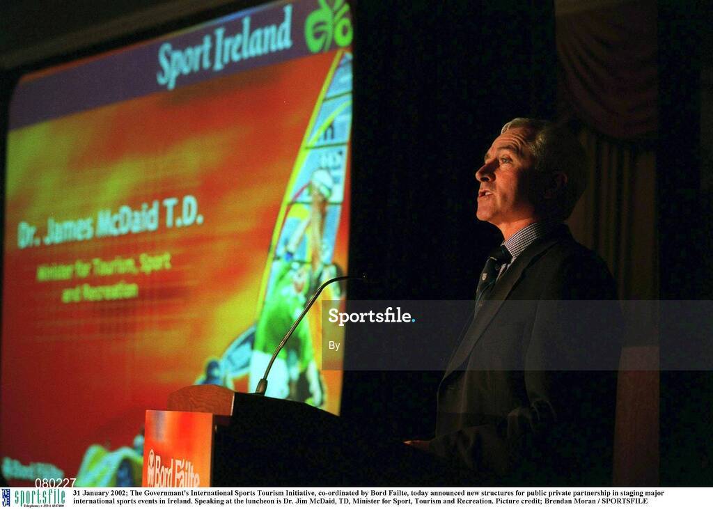 31 January 2002; The Governmant's International Sports Tourism Initiative, co-ordinated by Bord Failte, today announced new structures for public private partnership in staging major international sports events in Ireland. Speaking at the luncheon is Dr. Jim McDaid, TD, Minister for Sport, Tourism and Recreation. Picture credit; Brendan Moran / SPORTSFILE