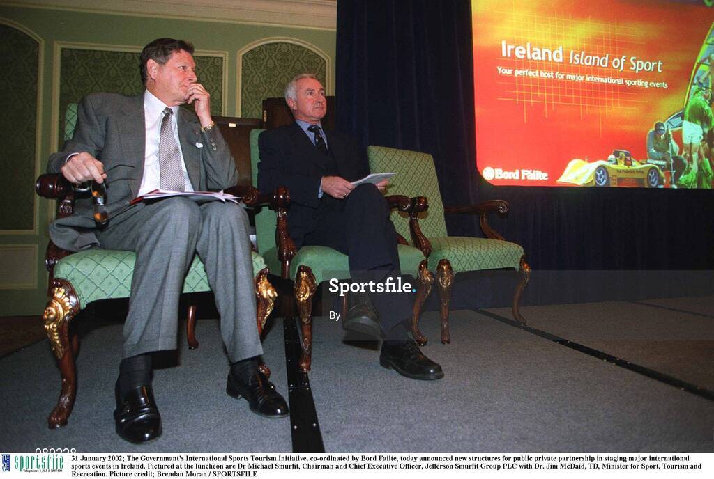 31 January 2002; The Governmant's International Sports Tourism Initiative, co-ordinated by Bord Failte, today announced new structures for public private partnership in staging major international sports events in Ireland. Pictured at the luncheon are Dr Michael Smurfit, Chairman and Chief Executive Officer, Jefferson Smurfit Group PLC with Dr. Jim McDaid, TD, Minister for Sport, Tourism and Recreation. Picture credit; Brendan Moran / SPORTSFILE