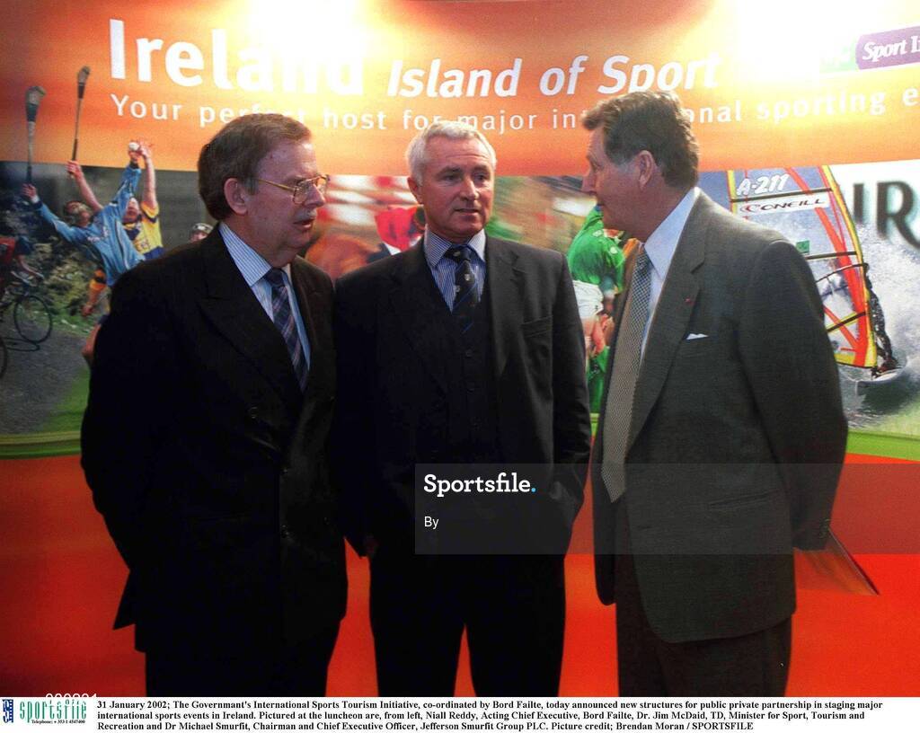 31 January 2002; The Governmant's International Sports Tourism Initiative, co-ordinated by Bord Failte, today announced new structures for public private partnership in staging major international sports events in Ireland. Pictured at the luncheon are, from left, Niall Reddy, Acting Chief Executive, Bord Failte, Dr. Jim McDaid, TD, Minister for Sport, Tourism and Recreation and Dr Michael Smurfit, Chairman and Chief Executive Officer, Jefferson Smurfit Group PLC. Picture credit; Brendan Moran / SPORTSFILE