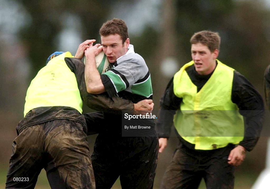 30 January 2002; Geordan Murphy is tackled by Gary Longwell during Irish Rugby Squad Training at Dr Hickey Park in Greystones, Wicklow. Photo by Matt Browne/Sportsfile