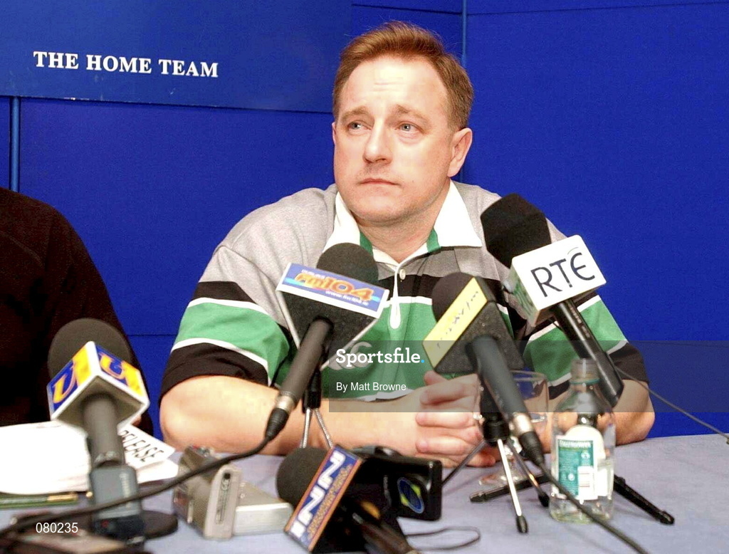 30 January 2002; Irish coach Eddie O'Sullivan during the press conference ahead of Irish Rugby Squad Training at Dr Hickey Park in Greystones, Wicklow. Photo by Matt Browne/Sportsfile