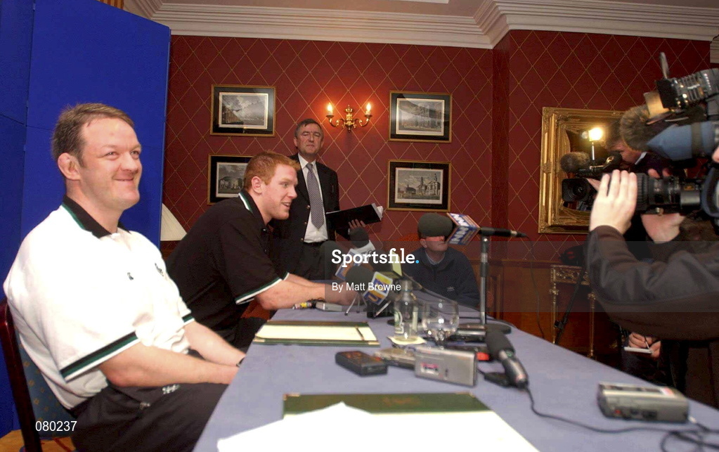 30 January 2002; Irish players Mick Galwey, left, and Paul O'Connell during the press conference ahead of Irish Rugby Squad Training at Dr Hickey Park in Greystones, Wicklow. Photo by Matt Browne/Sportsfile