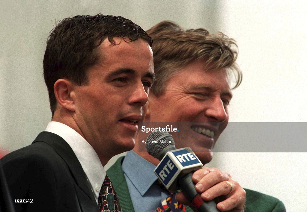 7 July 1994; Gary Kelly is interviewed by broadcaster Pat Kenny in the Phoenix Park when the Republic of Ireland team returned from the 1994 World Cup in the USA. Photo by David Maher/Sportsfile