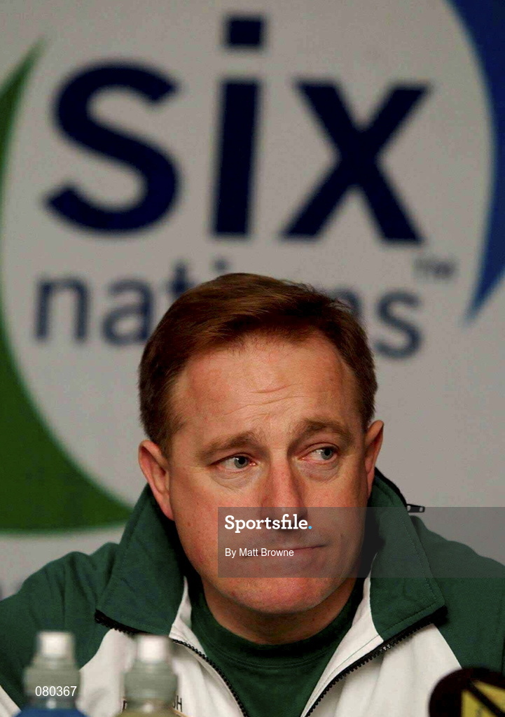 30 January 2002; Irish rugby team head coach Eddie O'Sullivan pictured during the press conference for the Six Nations game against Wales prior to Irish Rugby Squad Training at Dr Hickey Park in Greystones, Wicklow. Photo by Matt Browne/Sportsfile